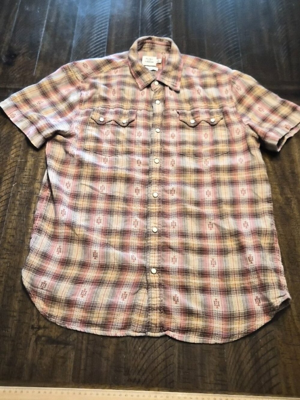 Flint & Tinder Sawtooth Snap Western Plaid Cotton Shirt Mens M Short Sleeve G855
